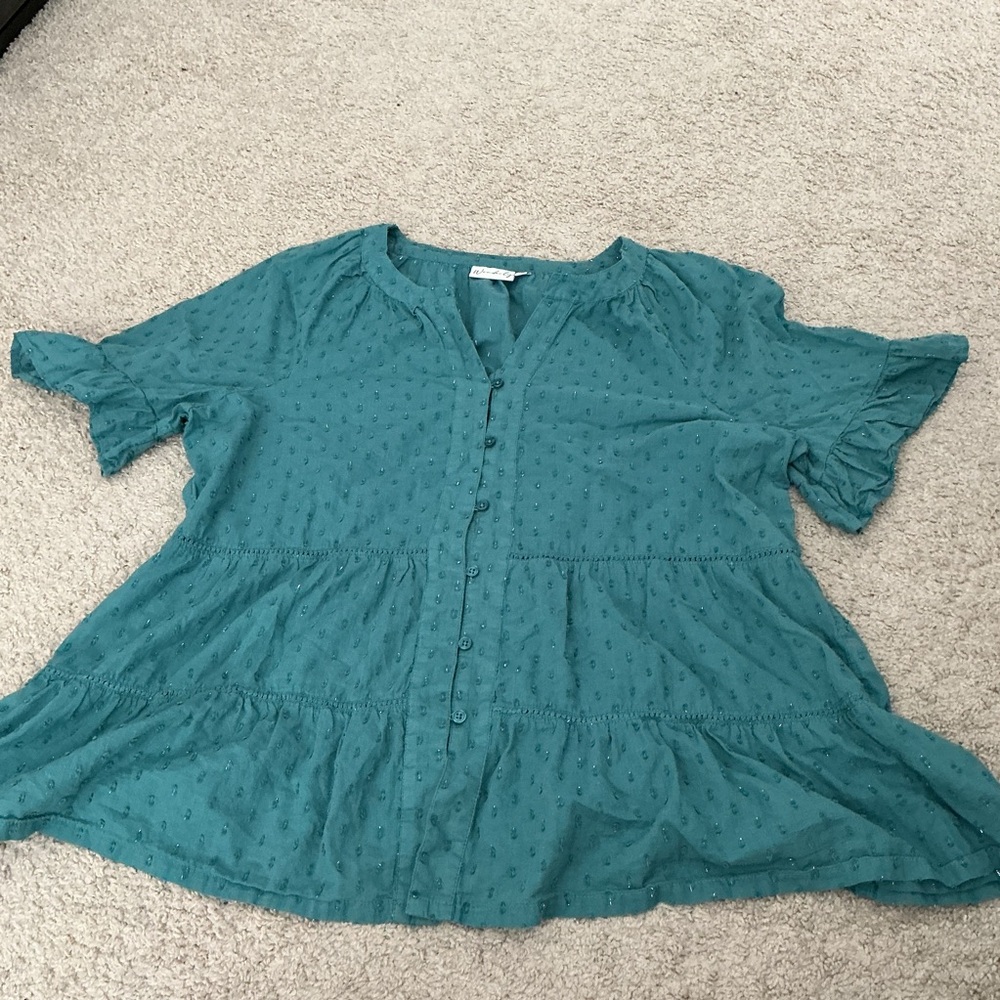 Wonderly Teal Button-Front Swiss Dot Peasant Blouse